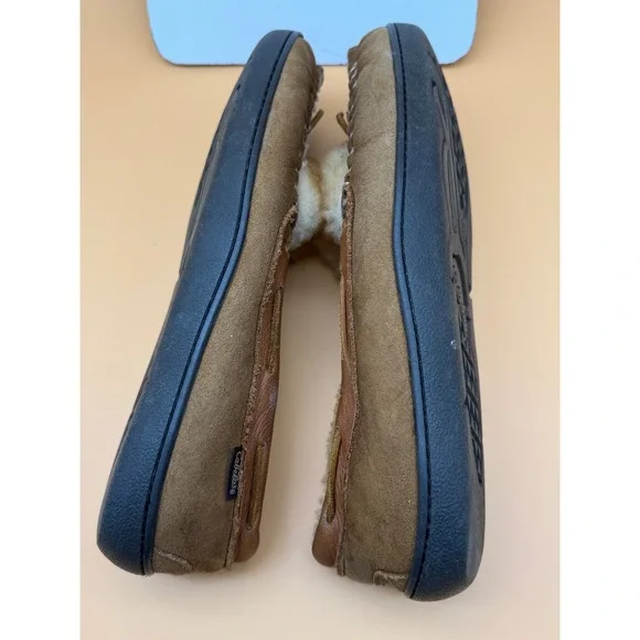 Cabelas Mens 12 M Brown Suede Genuine Shearling Lined Moccasin Shoes Slippers - Picture 5 of 8